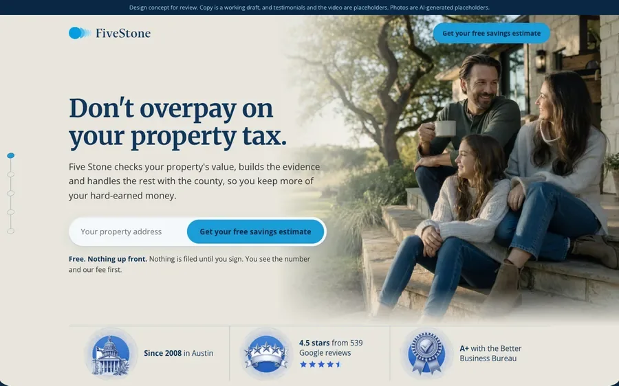 After: the redesigned first screen with the headline Don't overpay on your property tax, an address box and a photo of a family on a porch.