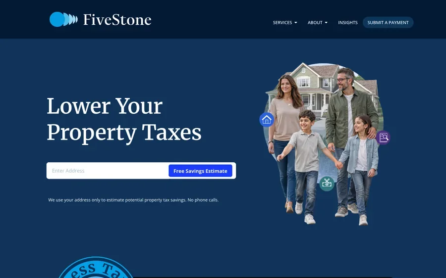 Before: the current first screen with the headline Lower Your Property Taxes and an address box.