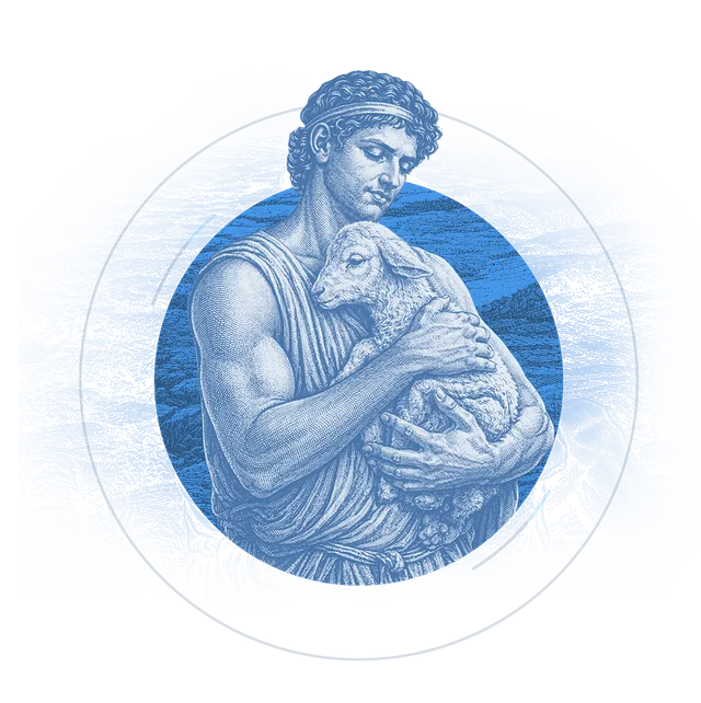 An engraved shepherd carrying a lamb, from the Five Stone brand