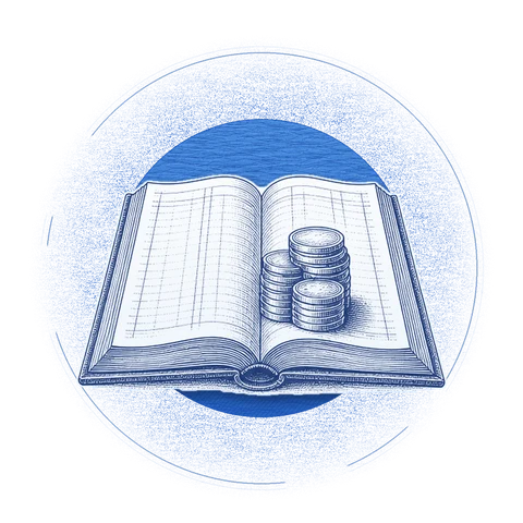 An open ledger with stacked coins