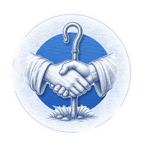 A handshake over a shepherd's staff