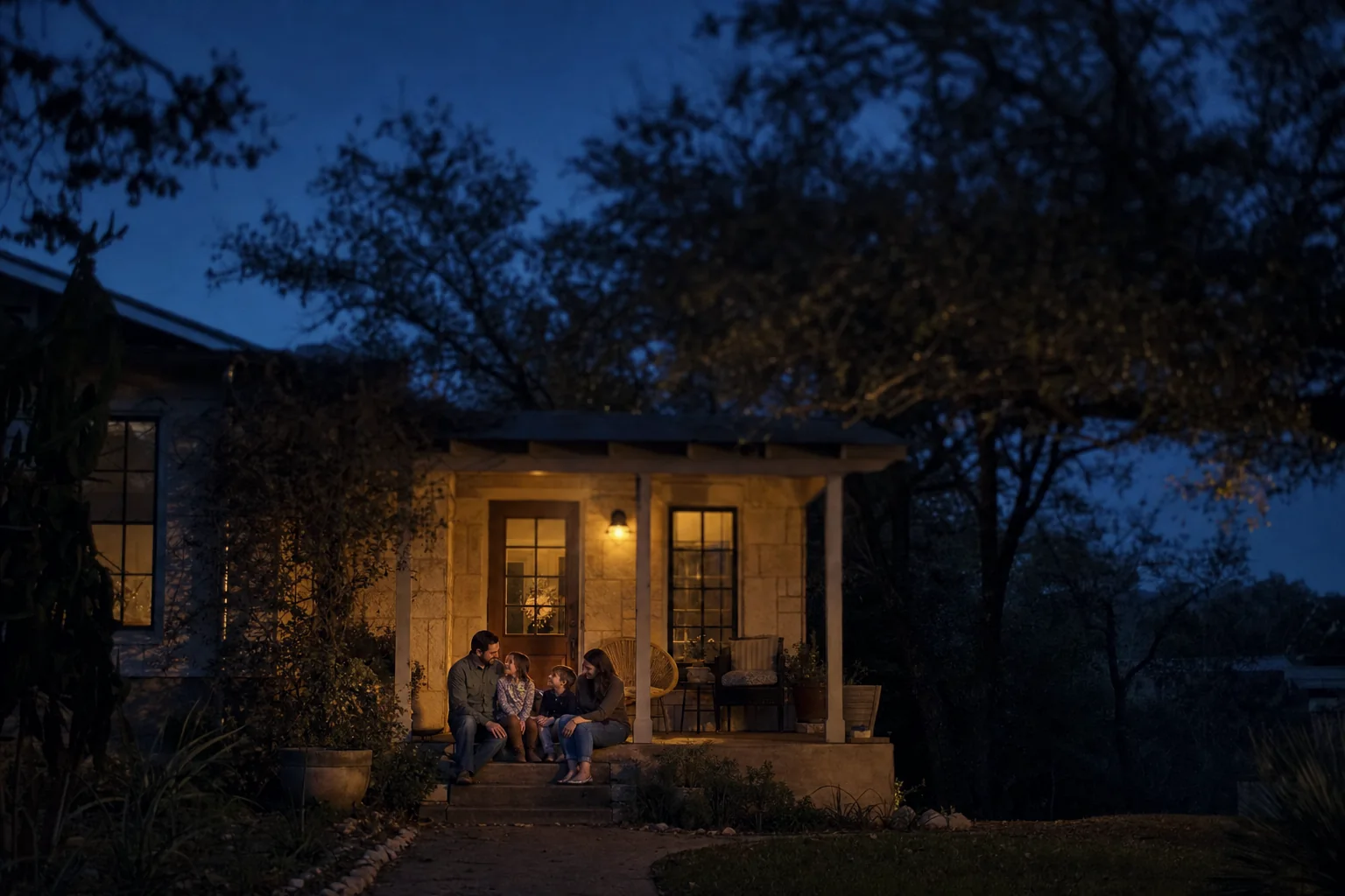 A family sits on their warmly lit front porch at dusk beneath live oak trees in an Austin neighborhood.