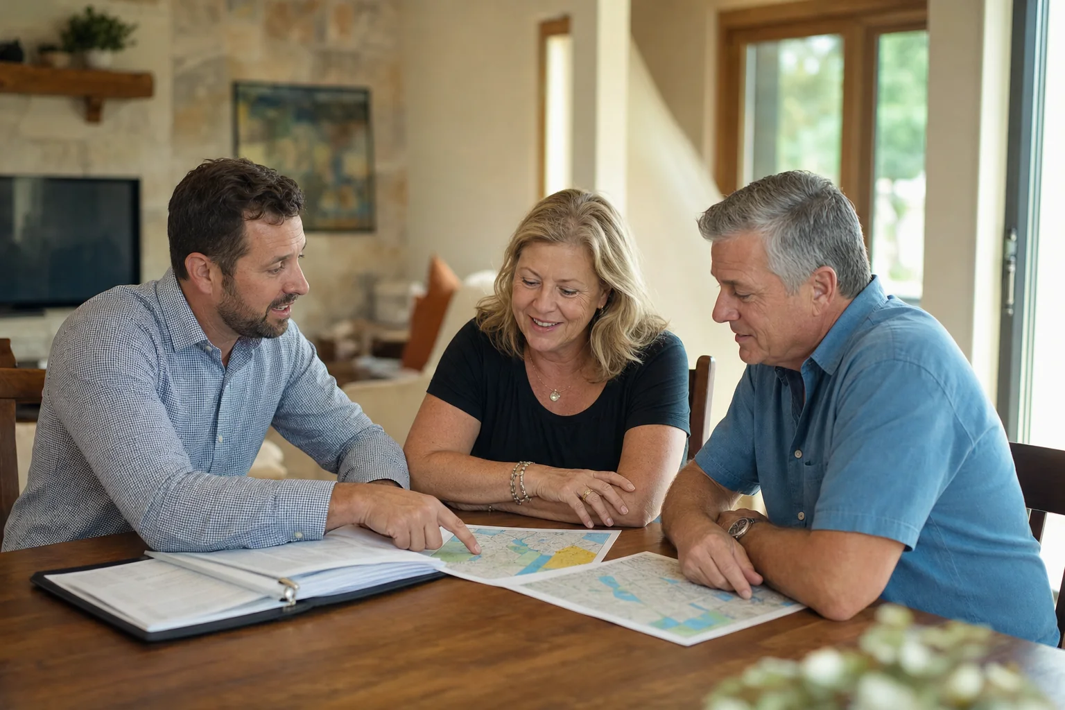 A local property tax consultant points to a neighborhood map while a homeowner couple look on at their dining table, with an evidence binder open beside them.