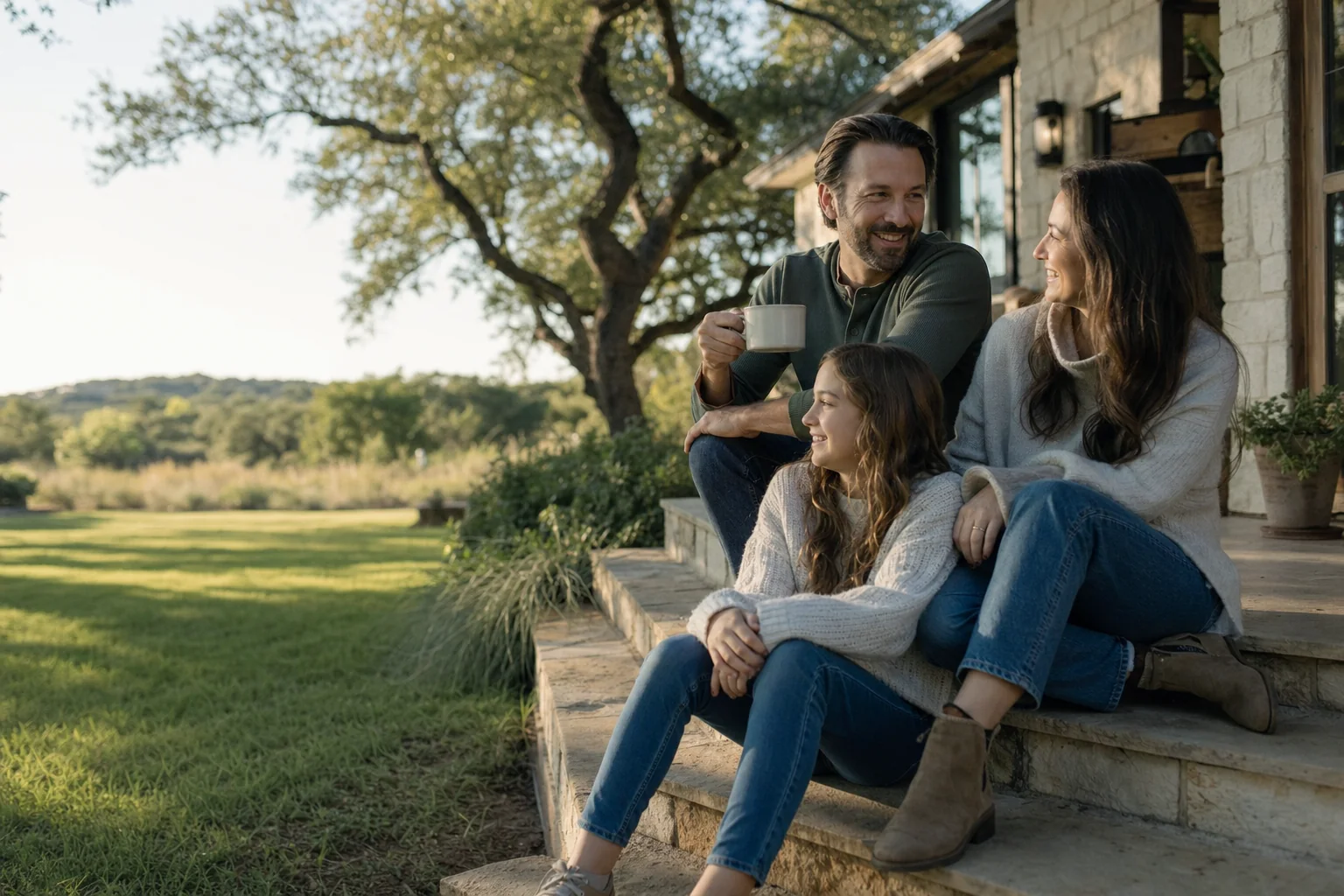 A couple and their young daughter sit together on the limestone steps of a Hill Country home on a sunny morning, smiling and sharing coffee beneath a live oak.