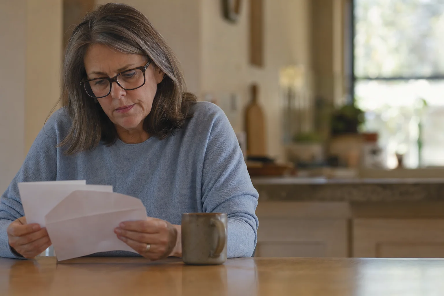 A woman at her kitchen table looks down thoughtfully at an opened envelope and papers beside her coffee mug.