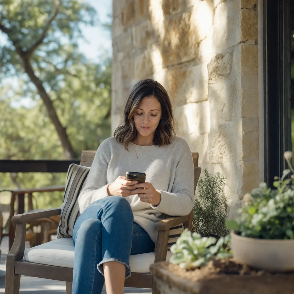 A woman relaxes in a porch chair against a limestone wall, looking at her phone.