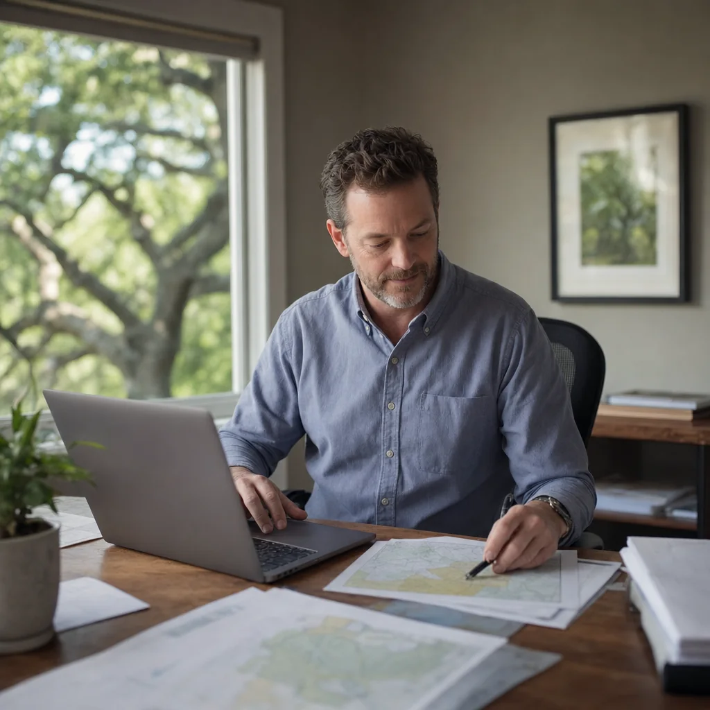 A consultant works at a desk with a laptop and printed parcel maps, with a live oak outside the office window.