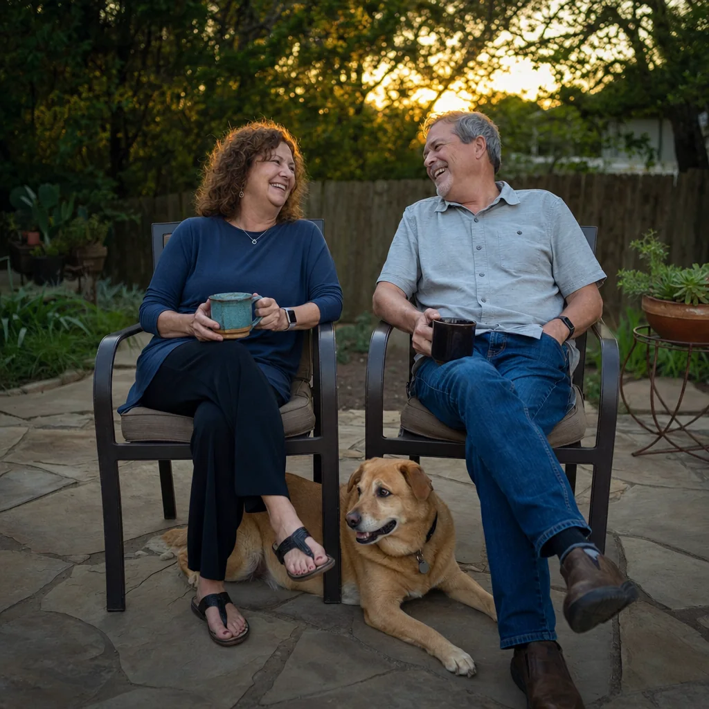 A couple in their sixties laugh together on a stone patio at sunset with coffee and their dog.