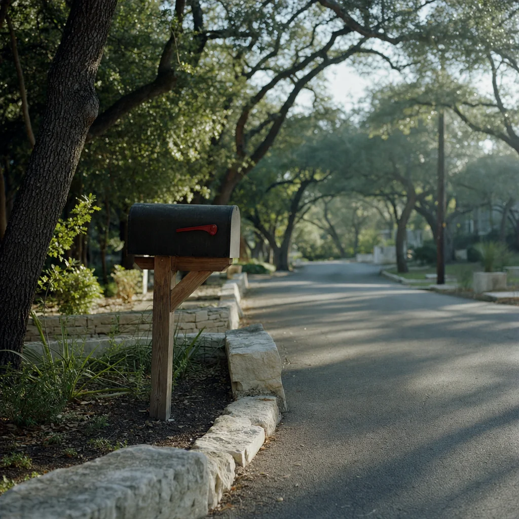 A mailbox on a wooden post in the shade of live oaks beside a quiet Austin street.
