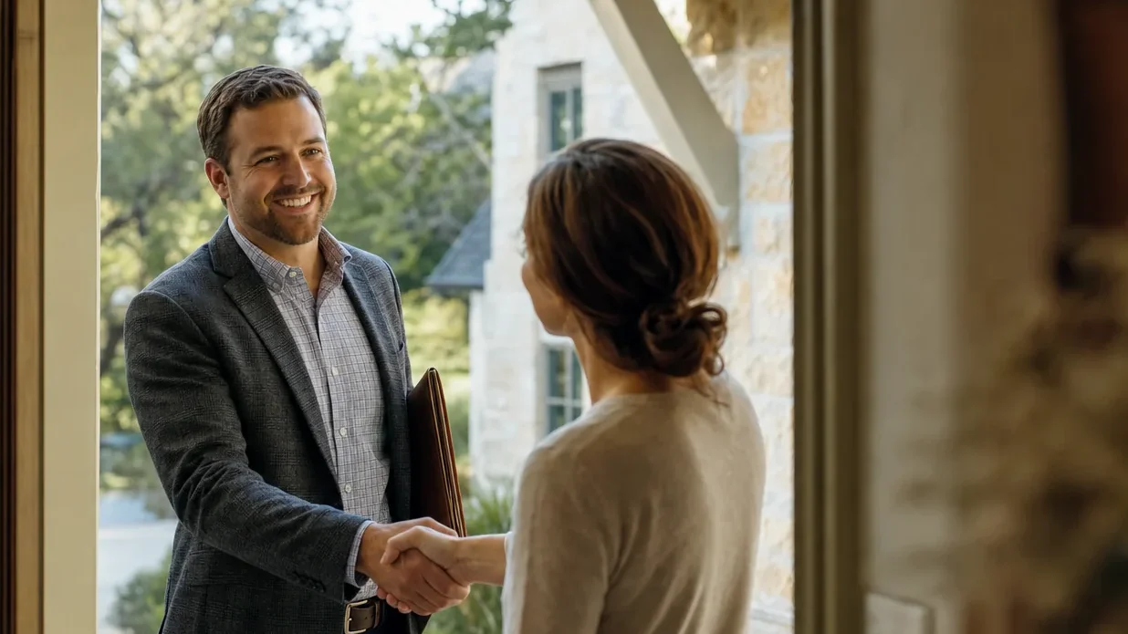 A consultant in a blazer shakes hands with a homeowner at the open front door of a limestone house.