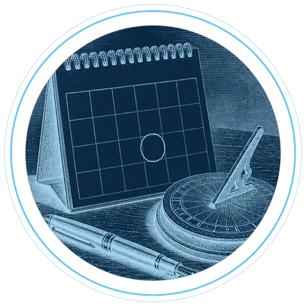 A calendar with one day circled, a pen and a sundial