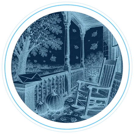 An autumn porch with a rocking chair and a pumpkin