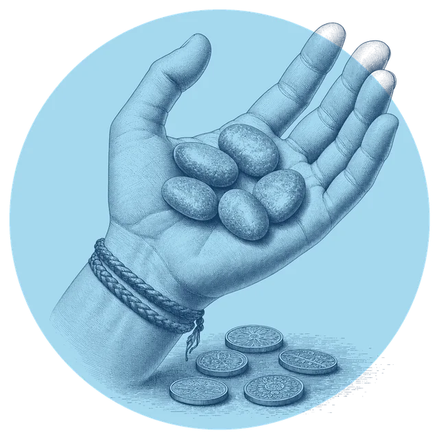 An engraved open hand holding five smooth stones above a scatter of coins